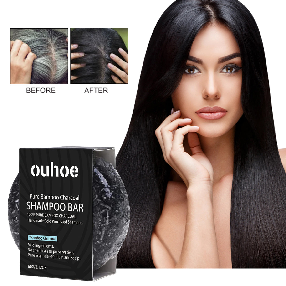 OUHOE Organic Bamboo Charcoal Shampoo Bar, Deep Cleansing Scalp Strong And Strong Hair Nourishing Repair Improve Dry Shampoo Soap