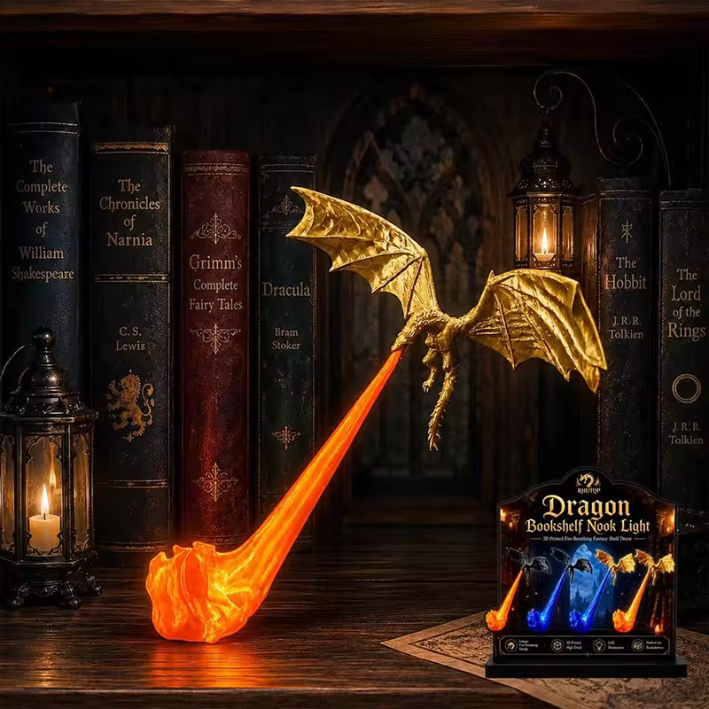 3D Dragon Bookshelf Light with Fire – LED Flying Dragon Bookend, Corner Lamp, Unique Gift for Book Lovers & Halloween Decor