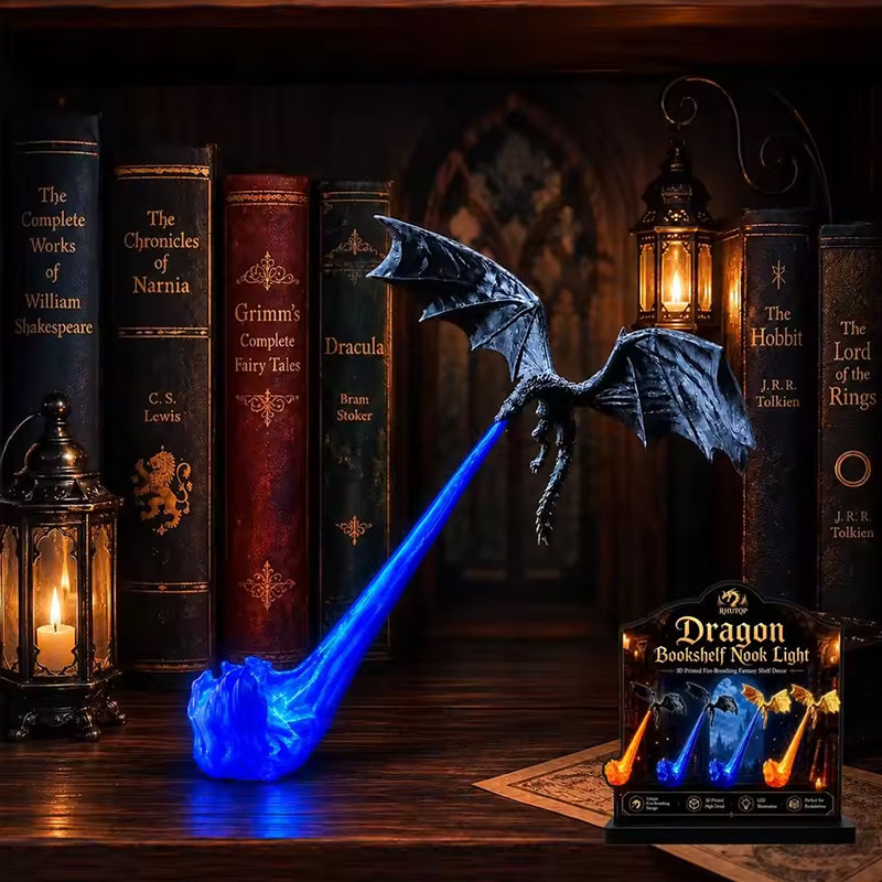3D Dragon Bookshelf Light with Fire – LED Flying Dragon Bookend, Corner Lamp, Unique Gift for Book Lovers & Halloween Decor